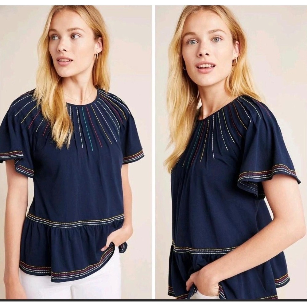 Maeve Anthropologie Chamonix Embroidered Swing Top Navy Blue Medium Rainbow